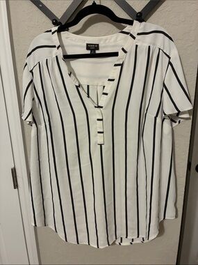torrid White and Black Vertical Stripe V-Neck Tunic Blouse